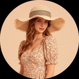 Circular portrait of Jeanne Damas wearing a wide-brimmed, handwoven straw hat, smiling against a soft peach background.