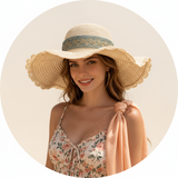 Circular portrait of Marta Cygan, smiling, wearing the BELVIE straw accessory against a soft cream background.