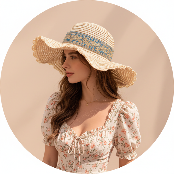 Circular portrait of influencer Monikh Dale, shoulders up, wearing the BELVIE handwoven straw accessory against a soft peach 