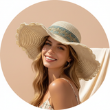 Close-up circular portrait of influencer Adenorah wearing a wide-brimmed straw hat, smiling against a soft peach background.