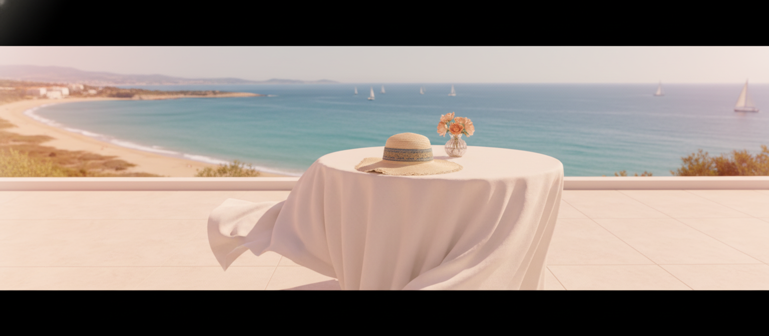 A wide-brimmed straw hat resting on a white linen table on a veranda, overlooking a sunlit Mediterranean coast with turquoise