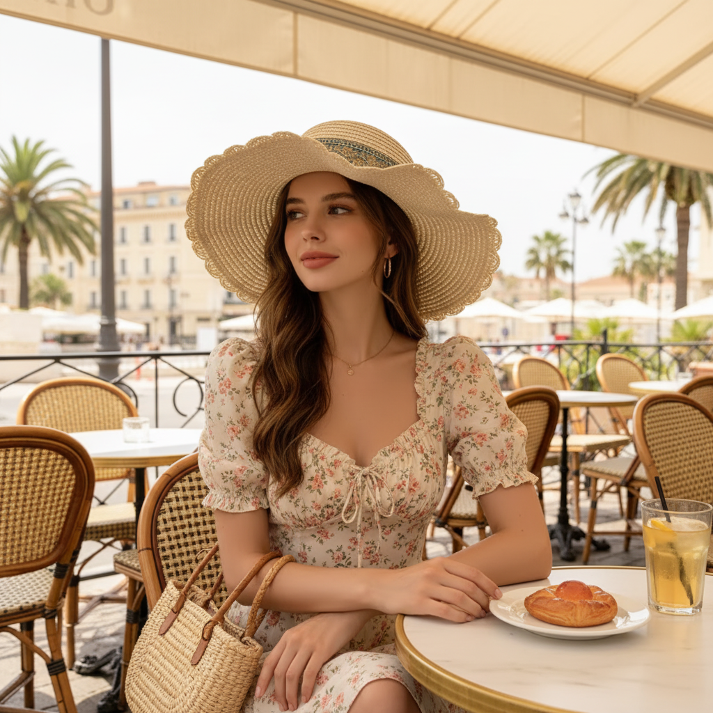 Diverse model wearing the BELVIE handwoven straw accessory, with a backdrop of a sunlit French Riviera-inspired setting, exud