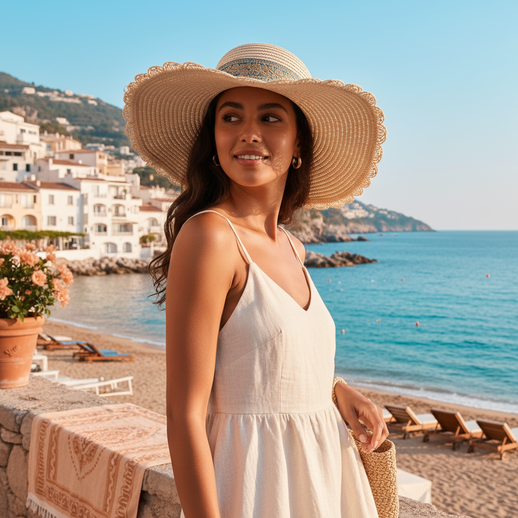 A woman wearing a wide-brimmed straw hat smiles softly, looking off-camera on a sunlit beach with a clear sky and Mediterrane