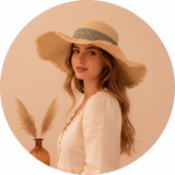 Circular portrait of Camille Charrière, a woman with brown hair, smiling subtly, wearing a BELVIE straw accessory against a s