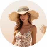 A circular portrait of Sabina Socol, shoulders up, wearing a straw sun hat against a clean, warm cream background.
