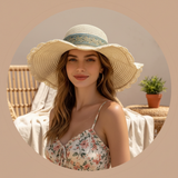 Circular portrait of Lucy Williams, smiling, wearing the BELVIE straw accessory in soft, warm sunlight, with a blurred natura