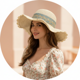 Circular portrait of Julie Sariñana, @sincerelyjules, smiling softly, wearing a chic straw hat. The background is softly blur